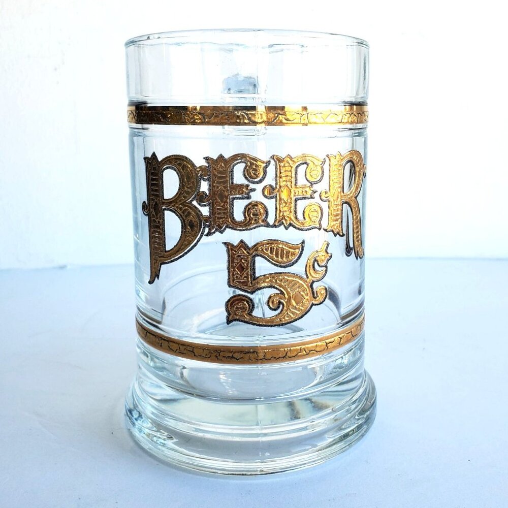 Vintage Glass Beer Stein Mug With 22 K Gold Detailing "Beer 5¢" 1970s